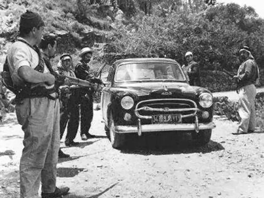 Kamal Joumblat Druze rebels search a car at gunpoint in the Chouf region (1958)